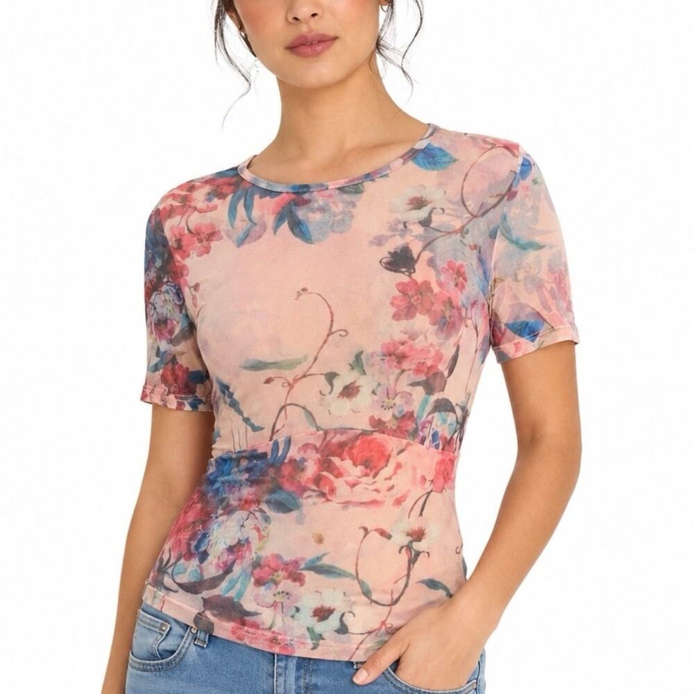 Superdown Simona Floral Sheer Mesh Baby Tee Y2K Fairycore Fitted Top Small